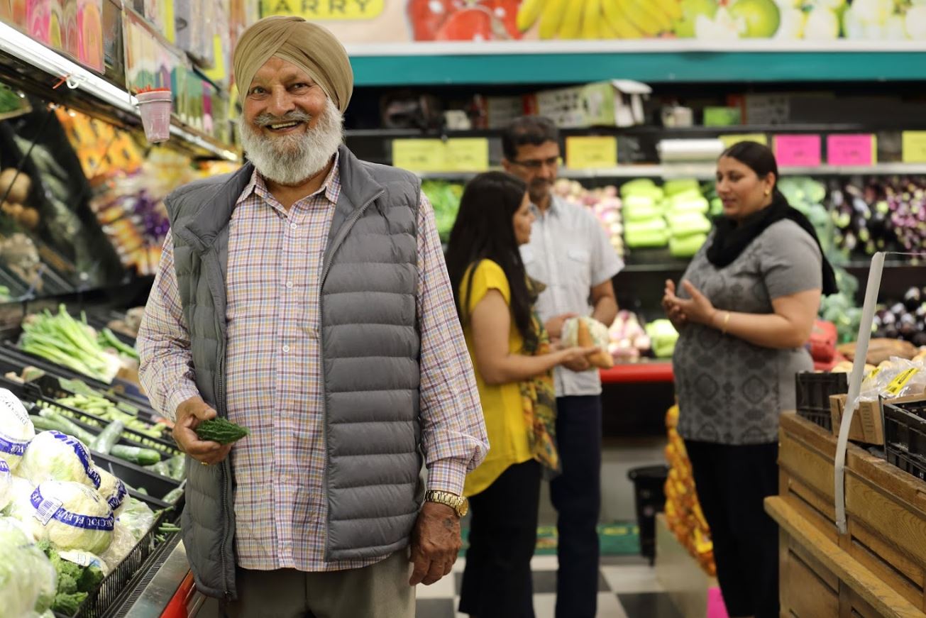 Patient Chanan Chahal, diagnosed with diabetes, at South Asian grocery store in Surrey as part of Naz's Wellness diabetes education clinic.