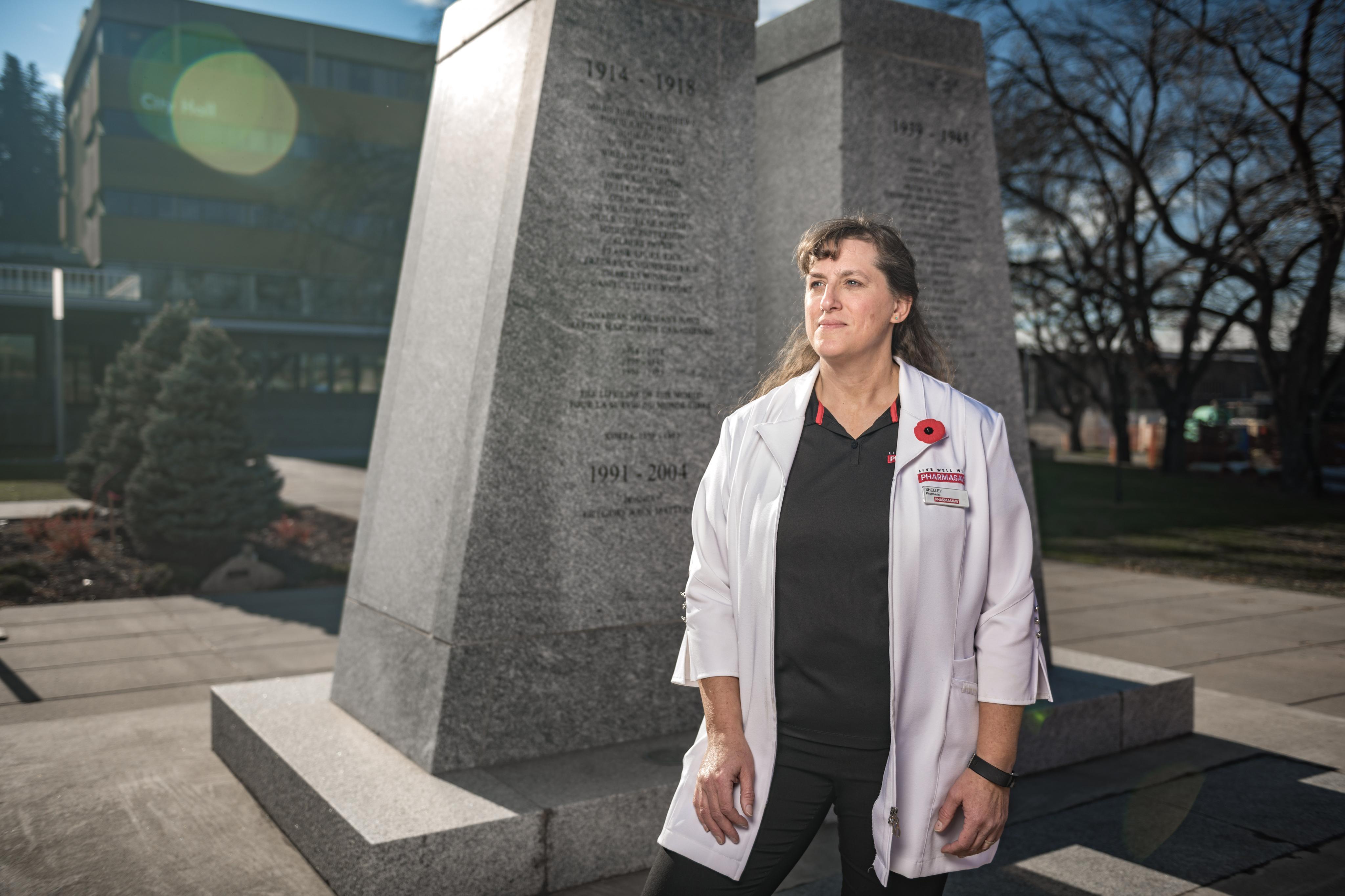 Shelly Hempstead in front of the Cenotaph in Prince George